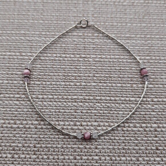 9 Inch Sterling Silver Rhodonite Stones Ankle Bracelet B487 - Picture 1 of 5